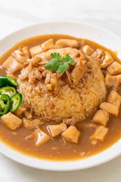 Chicken in brown sauce or gravy sauce with rice