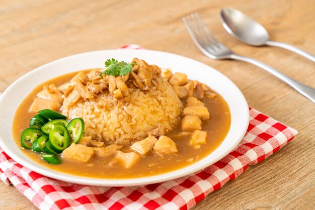 Chicken in brown sauce or gravy sauce with rice