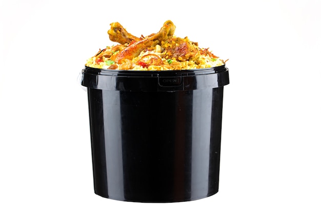 Chicken Bucket Biryani Kerala dum chicken biryani arranged in a black bucket container