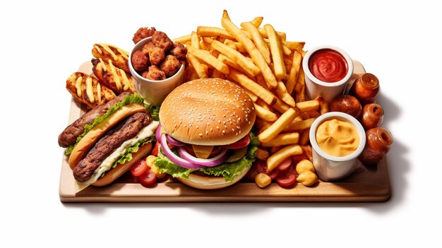 Chicken Burger Bonanza Platter met Finger Fries Nuggets en saus op witte achtergrond