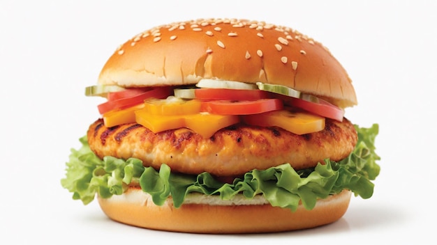 chicken burger featuring a golden brown bun tender chicken and a colorful array of fresh ai