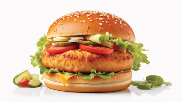 chicken burger featuring a golden brown bun tender chicken and a colorful array of fresh ai