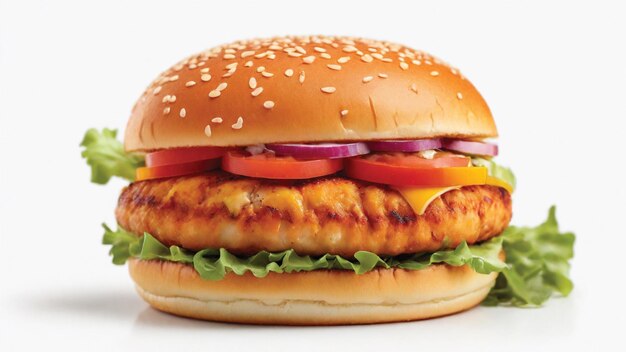 chicken burger featuring a golden brown bun tender chicken and a colorful array of fresh ai