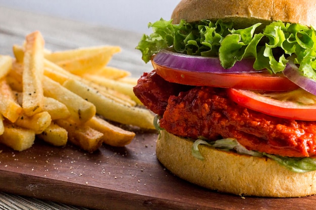 chicken burger and fries