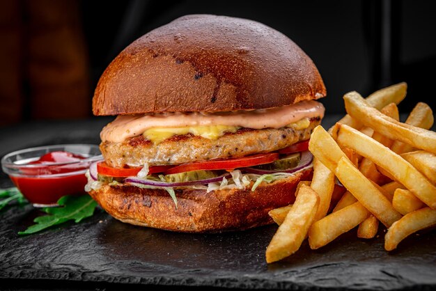 Chicken burger is served in a restaurant