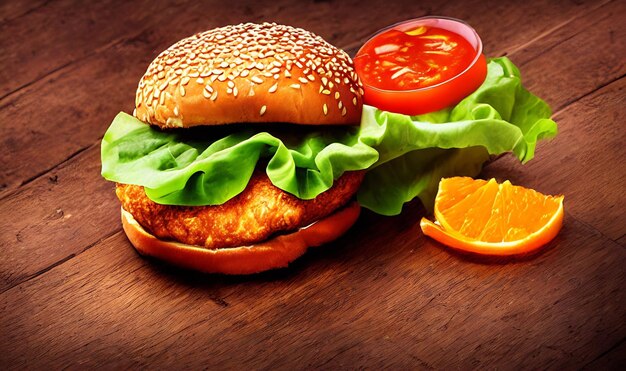 Photo chicken burger spicy fried chicken burger ad gourmet fresh delicious fast food concept