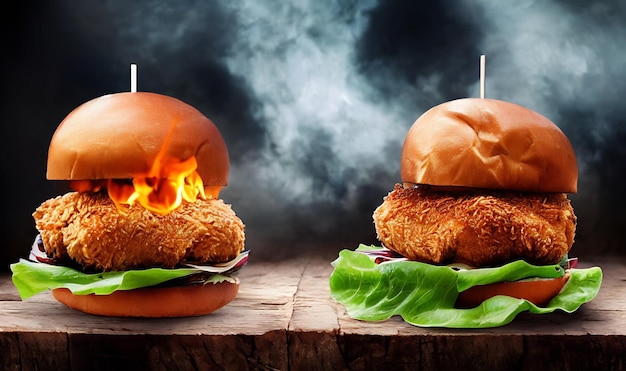 Photo chicken burger spicy fried chicken burger ad gourmet fresh delicious fast food concept