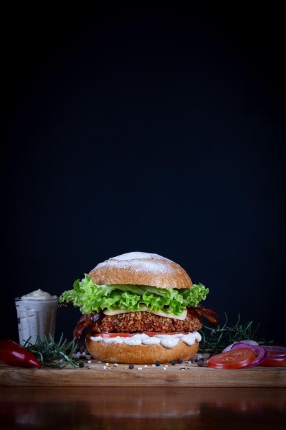 Foto burger al pollo con pancetta, lattuga, pomodoro, formaggio cheddar e cipolla servito su un taglialegna su un tavolo di legno nero burger al pollame artigianale fatto a mano