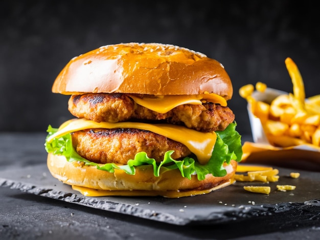 暗い背景にチェダーチーズとフライドポテトを添えたチキンバーガー