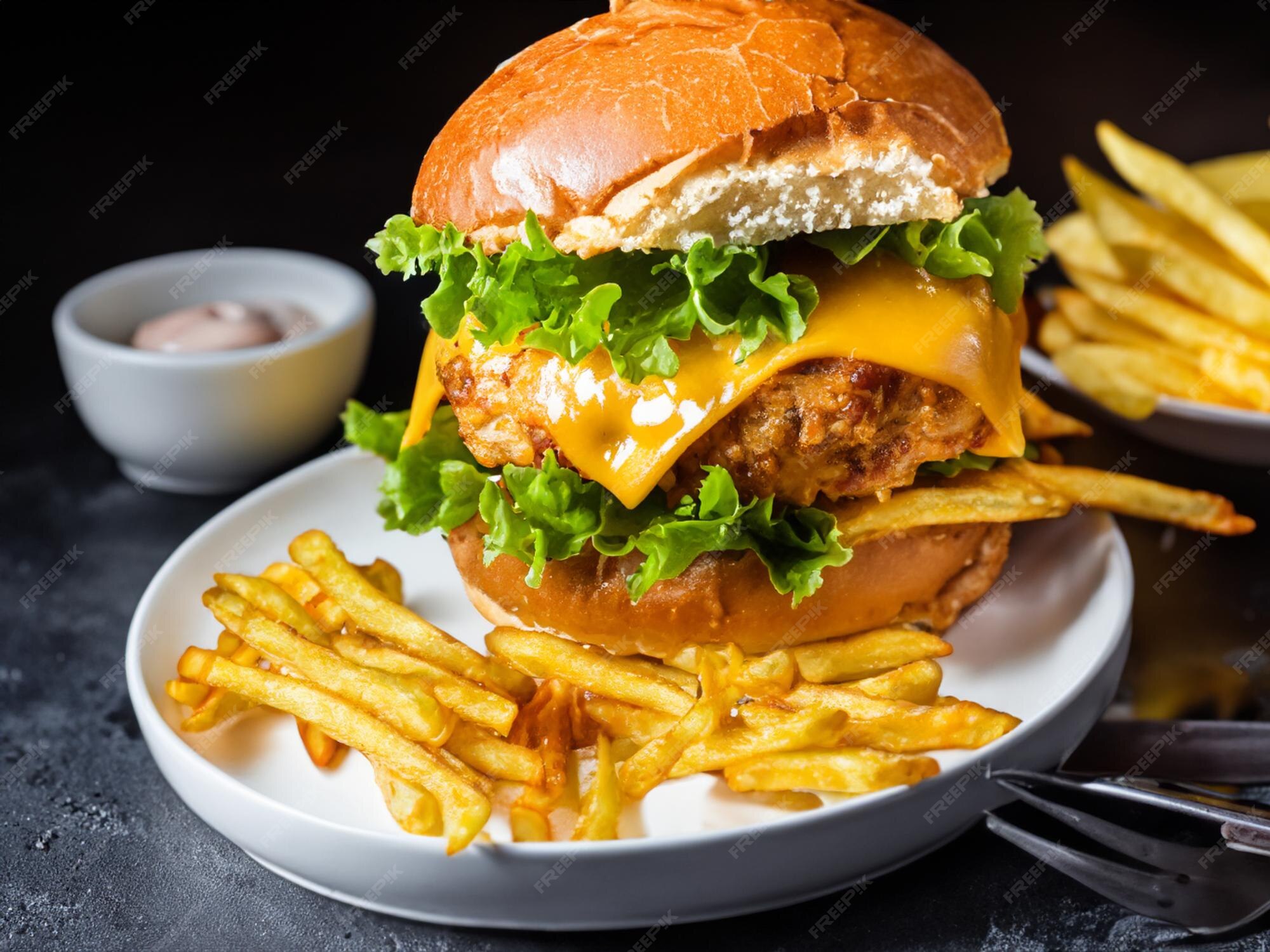 Premium AI Image | Chicken burger with cheddar cheese and fries on dark