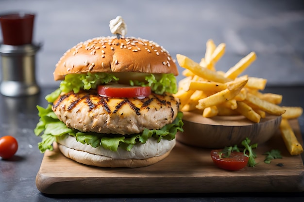 chicken burger with french fries on the table