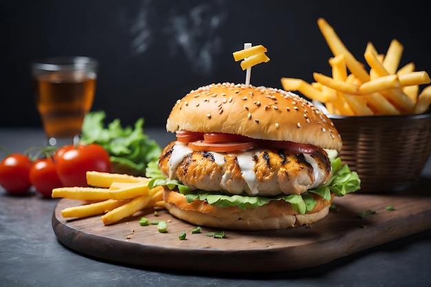 chicken burger with french fries on the table