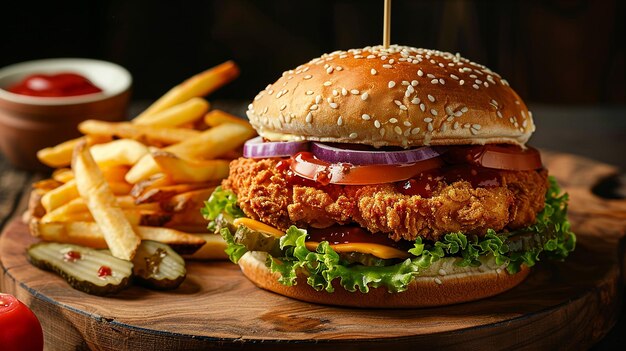 a chicken burger with fries and a burger on the table