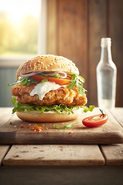 Foto hamburger di pollo su una superficie di legno