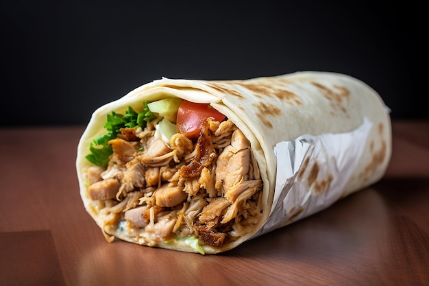 A chicken burrito with meat and vegetables