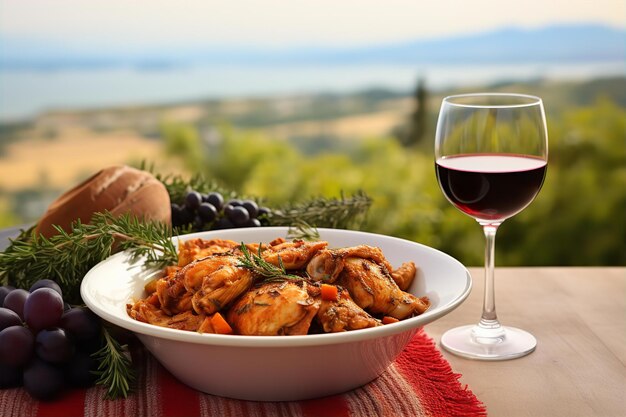 Chicken Cacciatore for Lunch on a Wooden Table with Outdoor Set Up and Green Nature Background