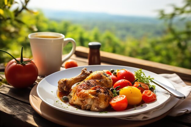 チキン・カッチアトーレ (Chicken Cacciatore) は,屋外で作られた木製のテーブルで,緑の自然の背景で昼食を食べる.