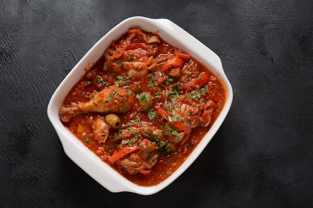 Chicken cacciatore with bell peppers, tomatoes, black olives. Italian food