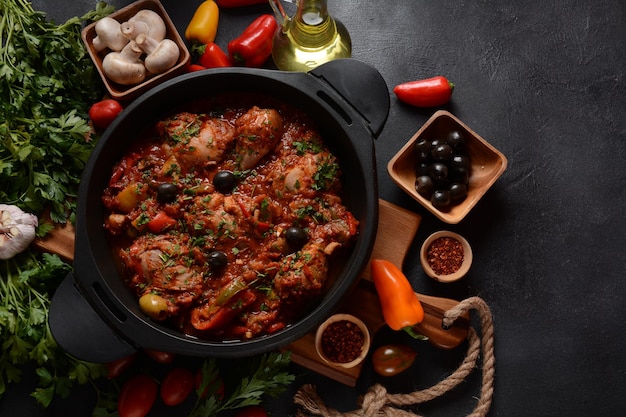 피망, 토마토, 블랙 올리브를 곁들인 치킨 카치아토레. 이탈리아 음식