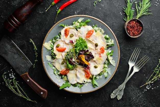 Chicken carpaccio with parmesan cheese Food Top view Free space for your text