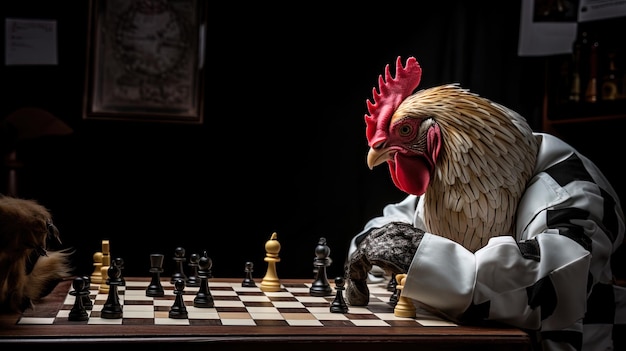 Chicken chess player thinking about a move