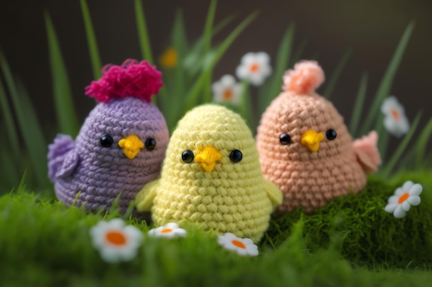 Photo chicken and chick knitting art illustration cute