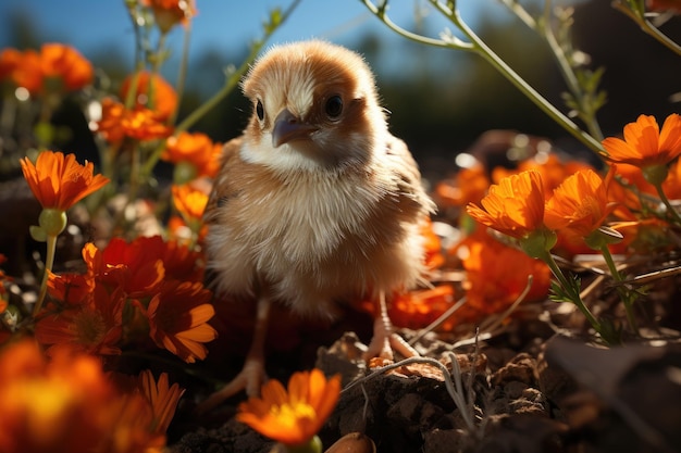 Chicken and chicks explore the backyard generative IA