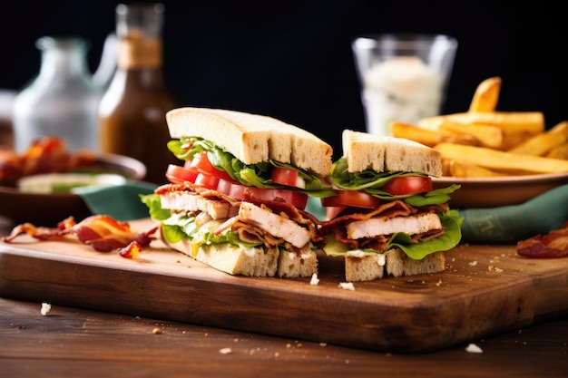 Chicken club sandwich with crispy bacon on a wooden board