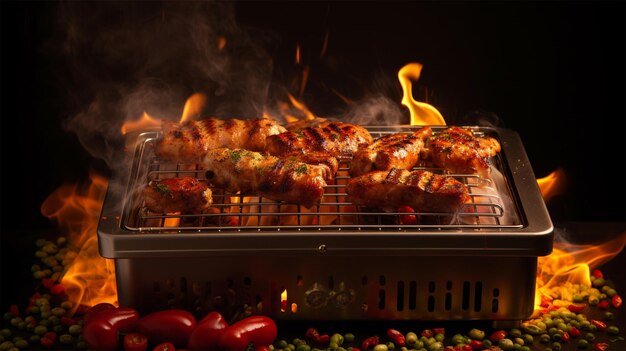 a chicken cooking on grill in flame