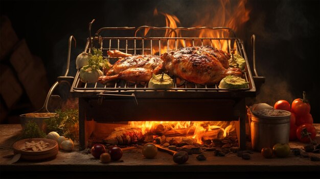 a chicken cooking on grill in flame