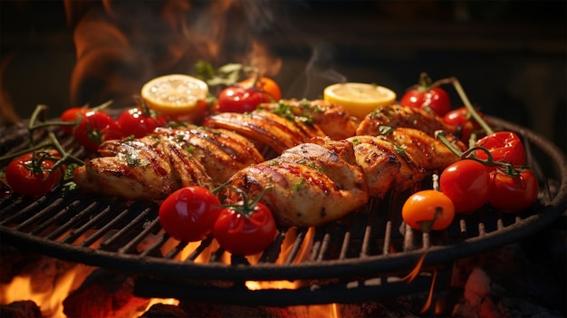 a chicken cooking on grill in flame