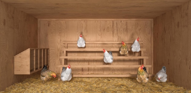 Chicken coop with hens made of new wood lined with hay