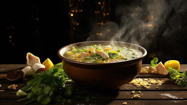 chicken corn soup on a wellset table the steam rising from the bowl