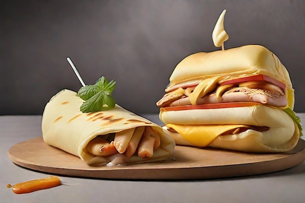 Foto hot dog con crepe di pollo e hamburger