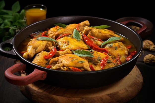 Chicken curry in a pan with lemongrass