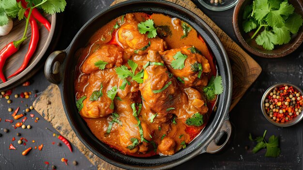 Chicken curry traditional indian food closeup in bowl top view