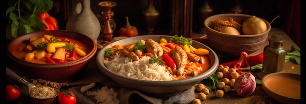 Chicken curry and vegetables on a table with rice