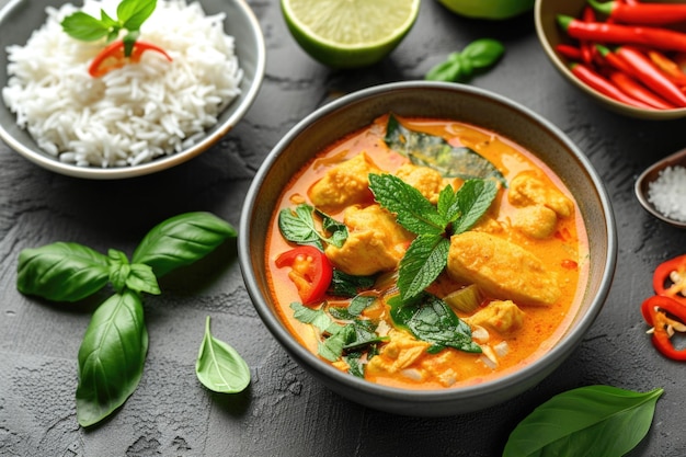 Chicken curry with basil and chili in ceramic bowl