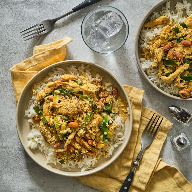 Chicken curry with rice. Indian food.