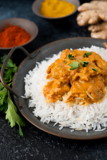 Chicken curry with rice and spices - a traditional popular Indian dish