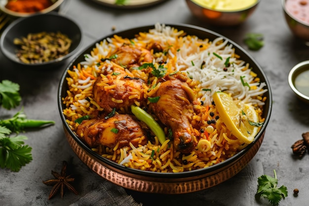 Курица dhum biriyani с использованием риса jeera и специй, расположенных в глиняной посуде с raitha и лимонным огурцом на сером фоне Ai генерируется