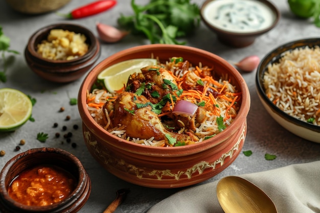 Курица dhum biriyani с использованием риса jeera и специй, расположенных в глиняной посуде с raitha и лимонным огурцом на сером фоне Ai генерируется