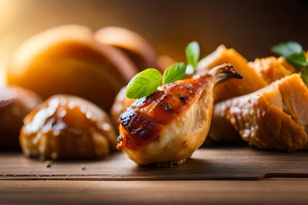 a chicken dish with a leaf on the top of it