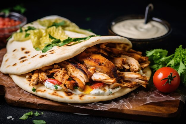 Foto doner di pollo su pane lavash con salsa di tacchino hatay