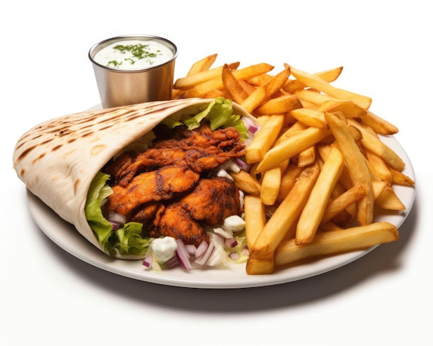 Chicken doner in lavash with fries with isolated white background