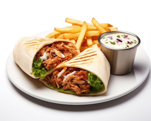 Chicken doner in lavash with fries with isolated white background