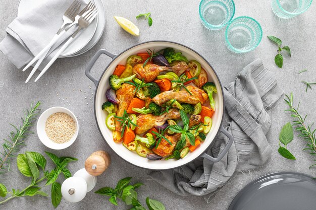 Chicken drumsticks roasted with vegetables in cast iron pan on kitchen table top down view