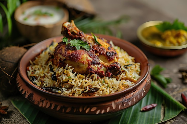 Chicken dum biryani arranged in an earthen ware and placed on coconut leaf with wooden background