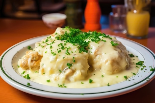 Chicken And Dumplings On Plate In Retrostyle Cafe