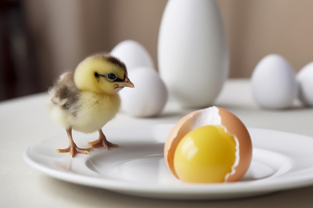 A chicken next to an egg on a plate